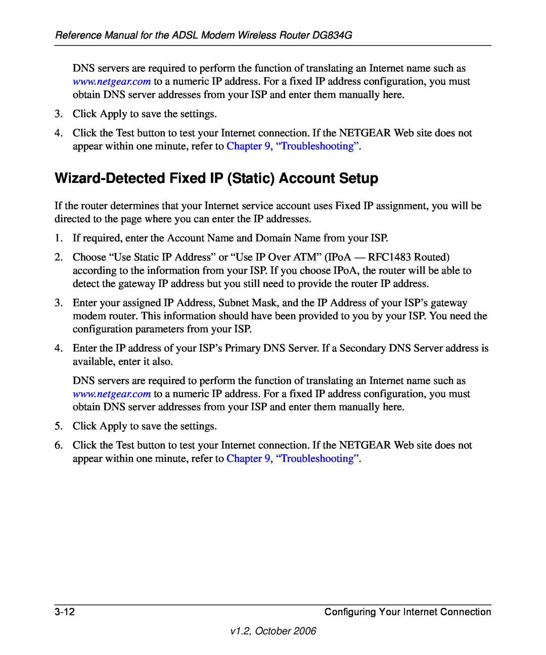 NETGEAR DG834G manual Wizard-Detected Fixed IP Static Account Setup 