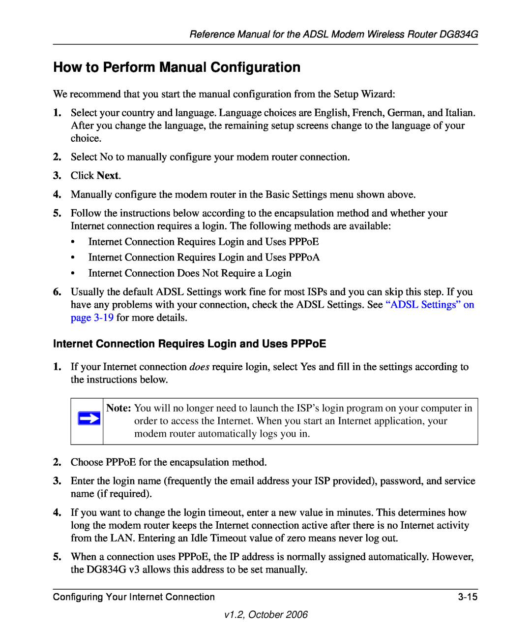 NETGEAR DG834G manual How to Perform Manual Configuration, Internet Connection Requires Login and Uses PPPoE 