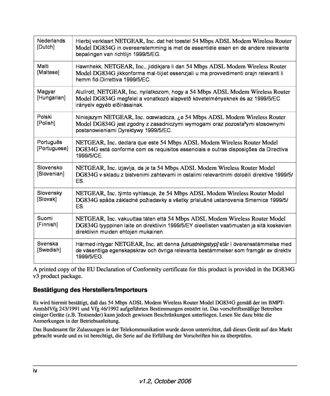 NETGEAR DG834G manual Bestätigung des Herstellers/Importeurs, v1.2, October 