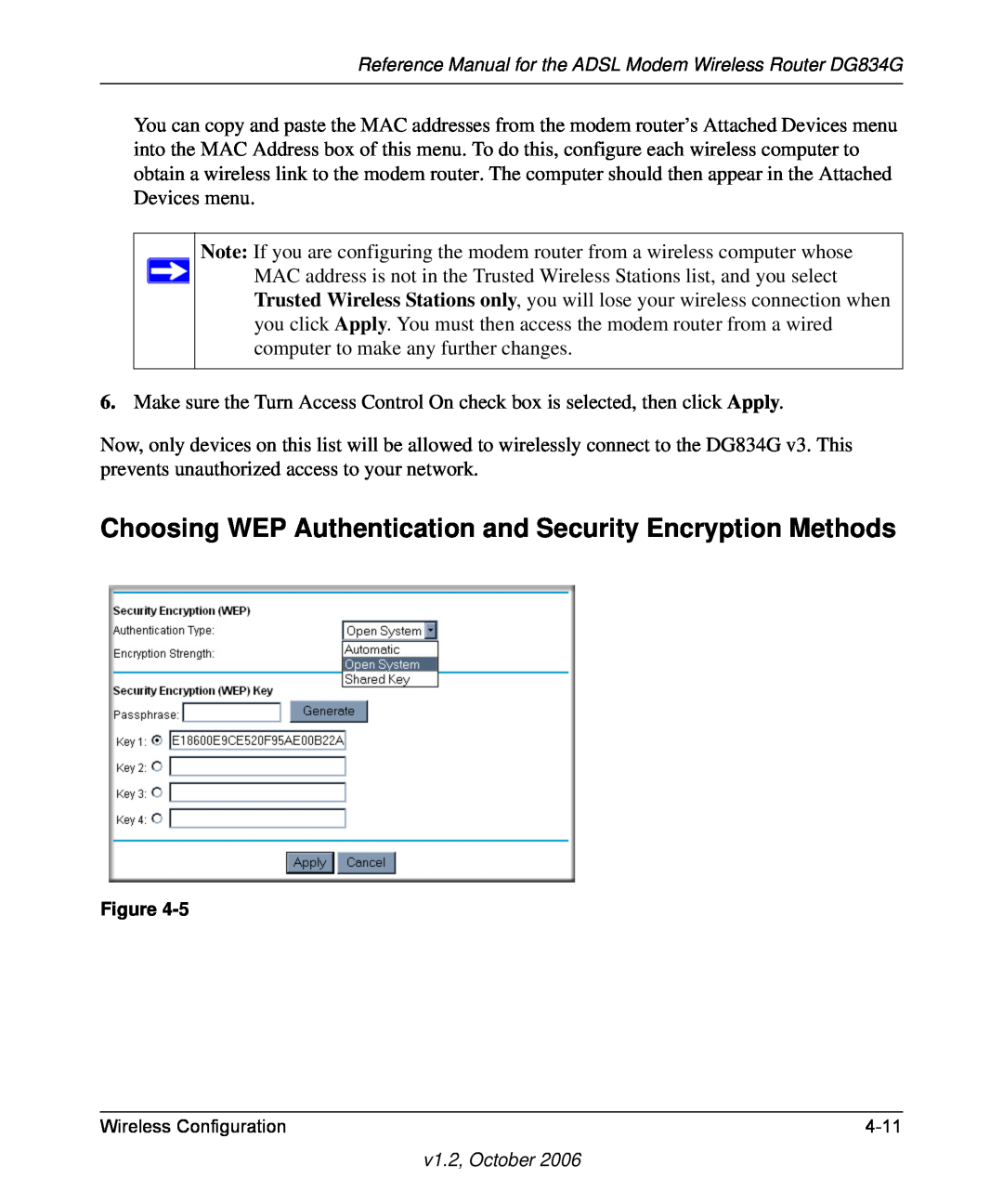 NETGEAR DG834G manual Choosing WEP Authentication and Security Encryption Methods 