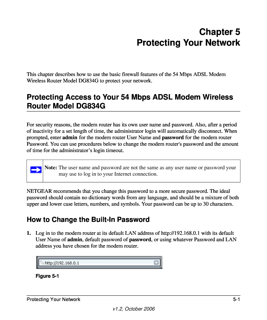 NETGEAR DG834G manual Chapter Protecting Your Network, How to Change the Built-In Password 