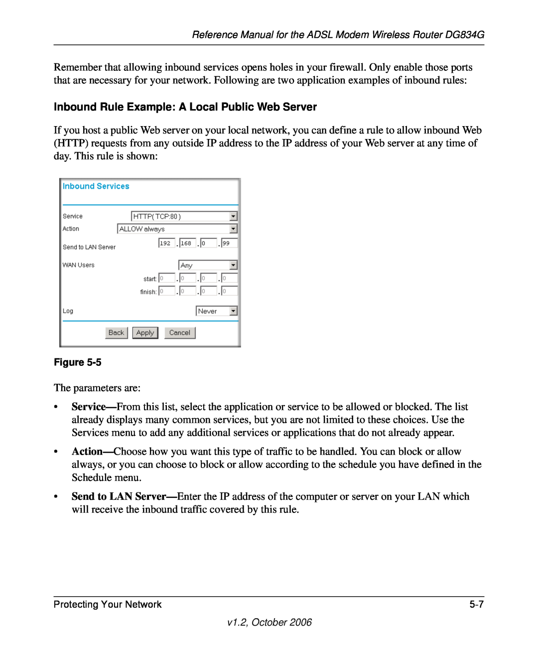NETGEAR DG834G manual Inbound Rule Example A Local Public Web Server 