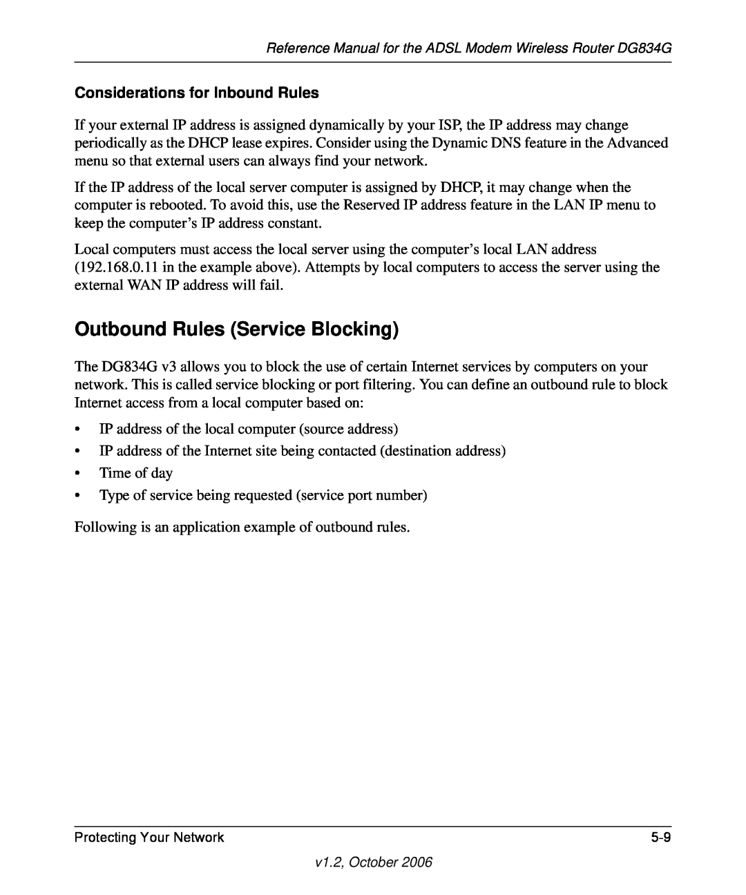 NETGEAR DG834G manual Outbound Rules Service Blocking, Considerations for Inbound Rules 