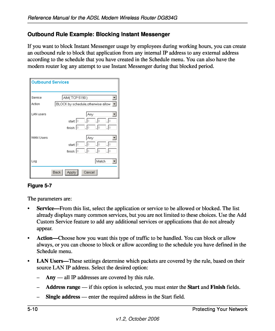 NETGEAR DG834G manual Outbound Rule Example Blocking Instant Messenger 