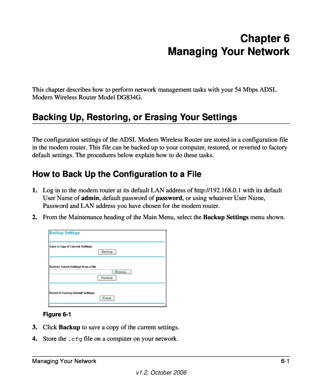 NETGEAR DG834G manual Chapter Managing Your Network, Backing Up, Restoring, or Erasing Your Settings 