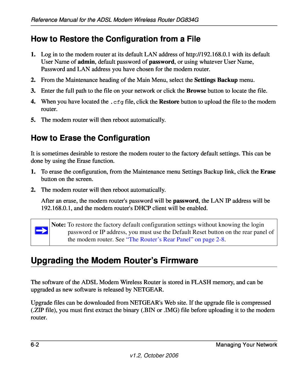 NETGEAR DG834G manual Upgrading the Modem Router’s Firmware, How to Restore the Configuration from a File 
