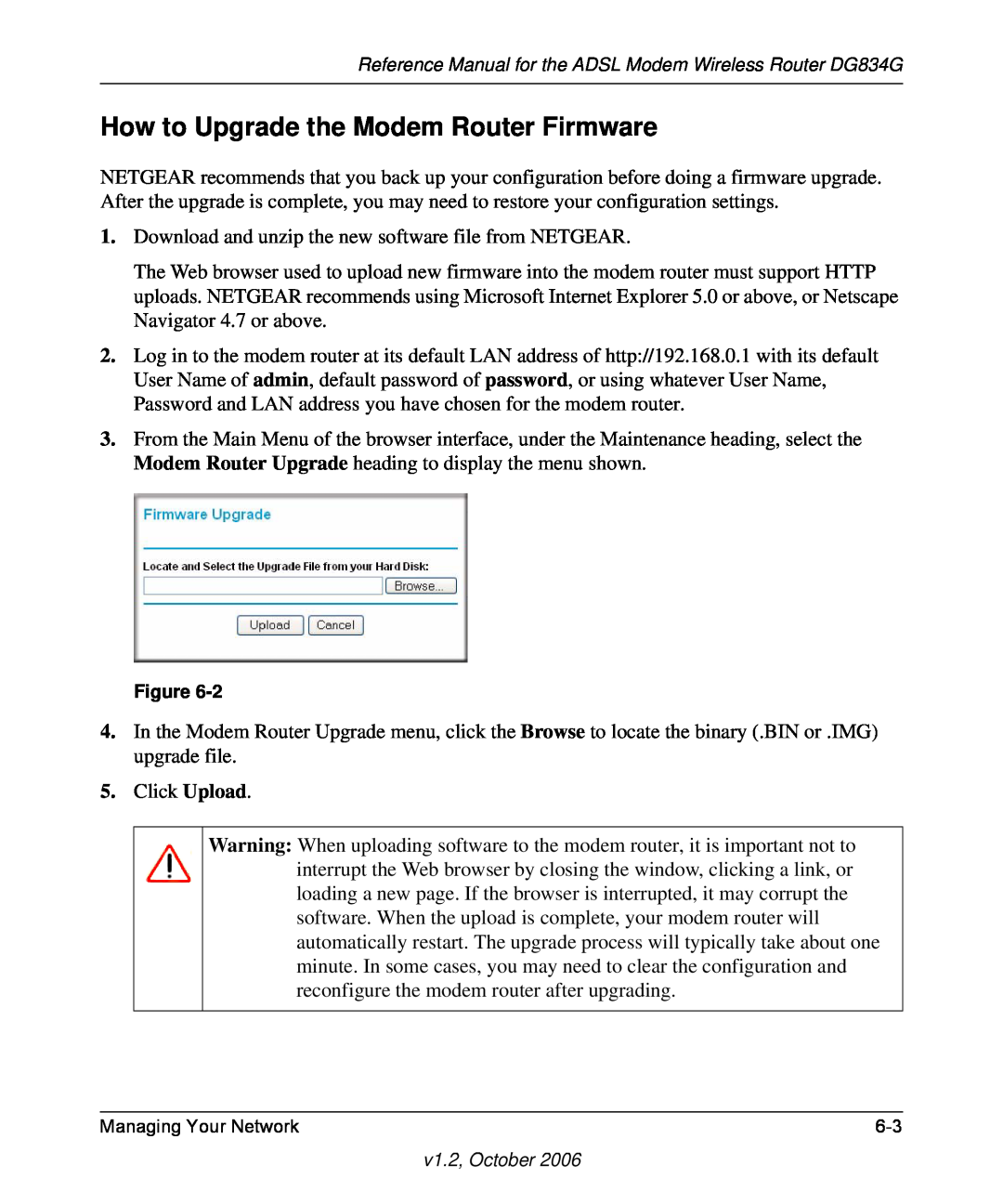 NETGEAR DG834G manual How to Upgrade the Modem Router Firmware 