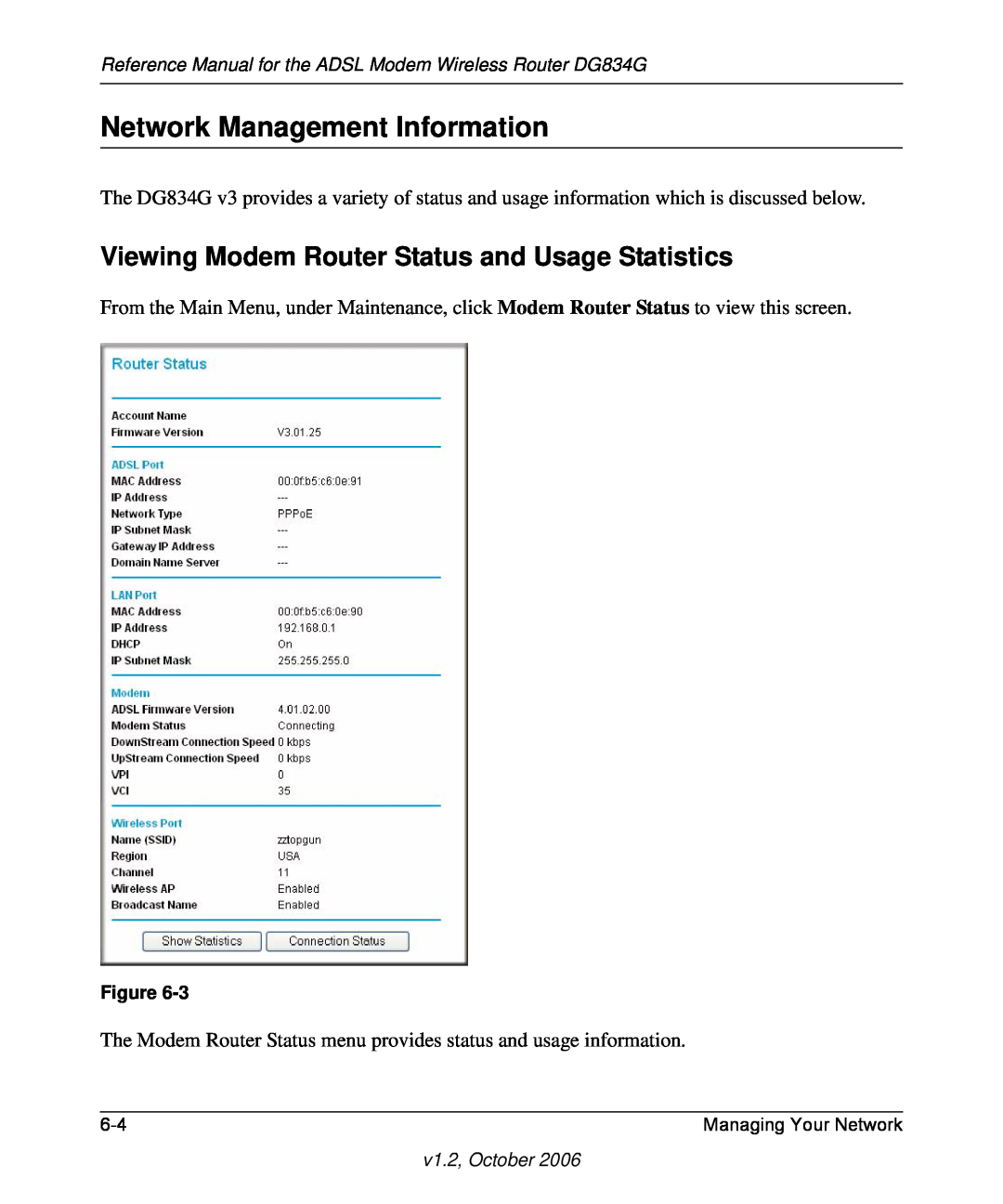 NETGEAR DG834G manual Network Management Information, Viewing Modem Router Status and Usage Statistics 