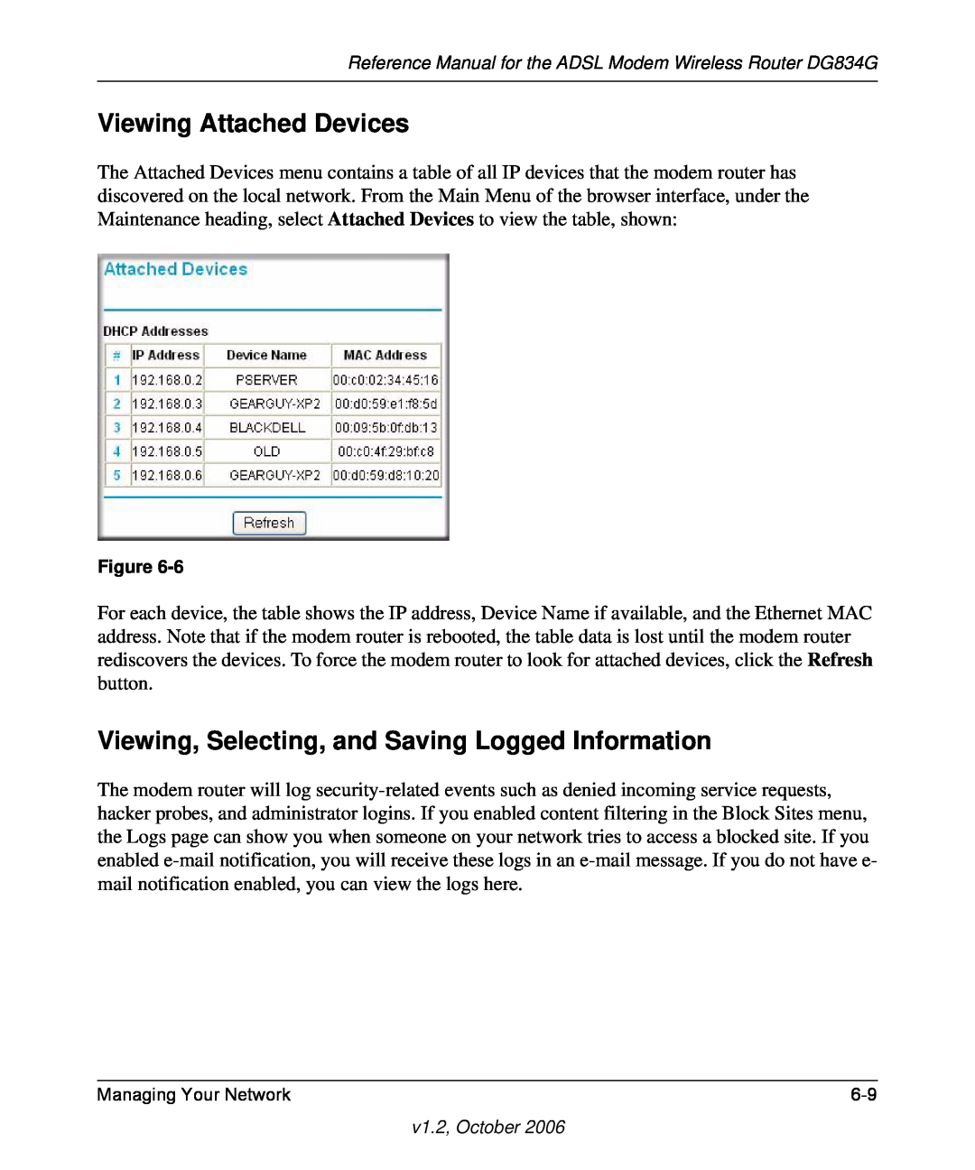 NETGEAR DG834G manual Viewing Attached Devices, Viewing, Selecting, and Saving Logged Information 