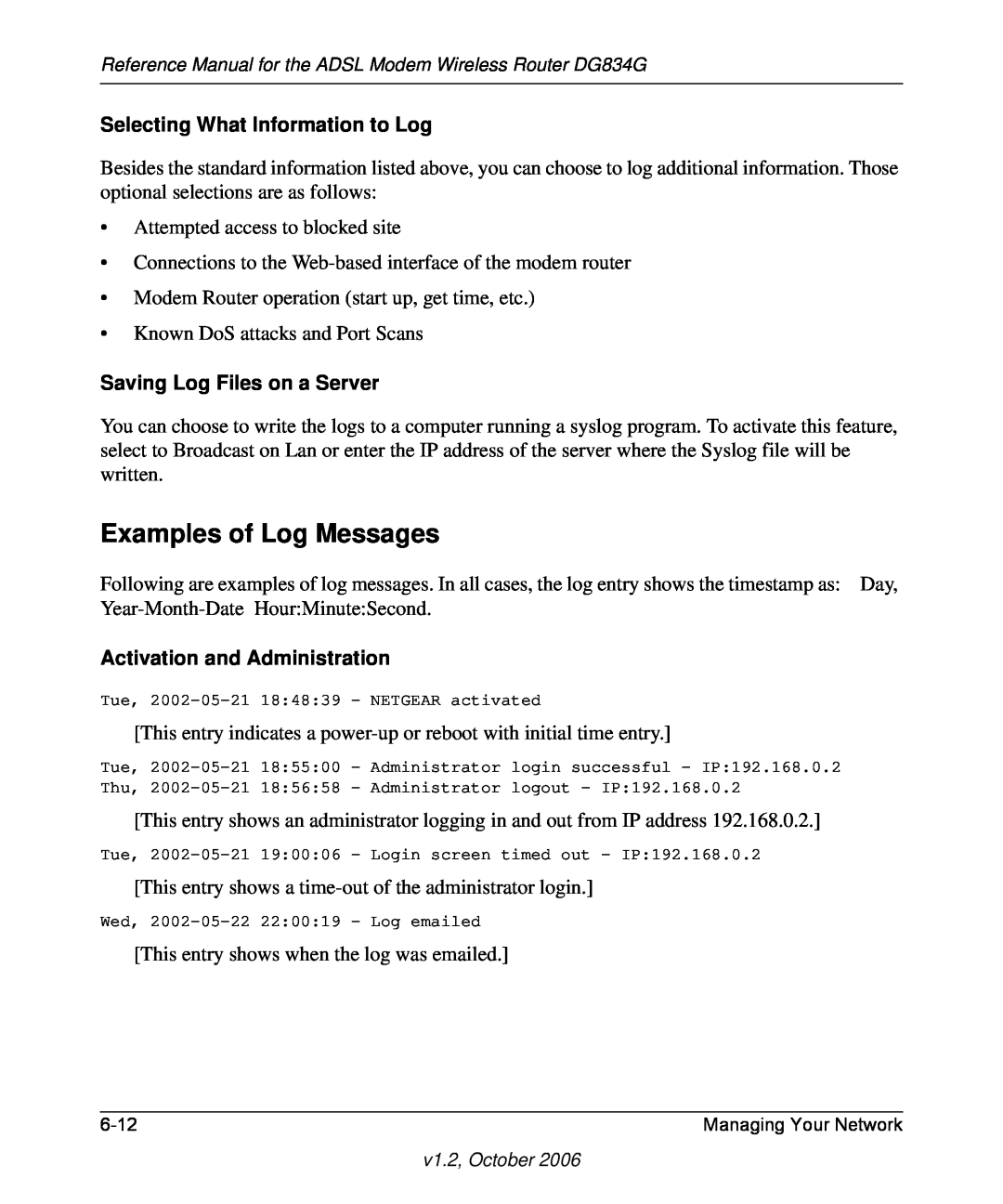 NETGEAR DG834G manual Examples of Log Messages, Selecting What Information to Log, Saving Log Files on a Server 