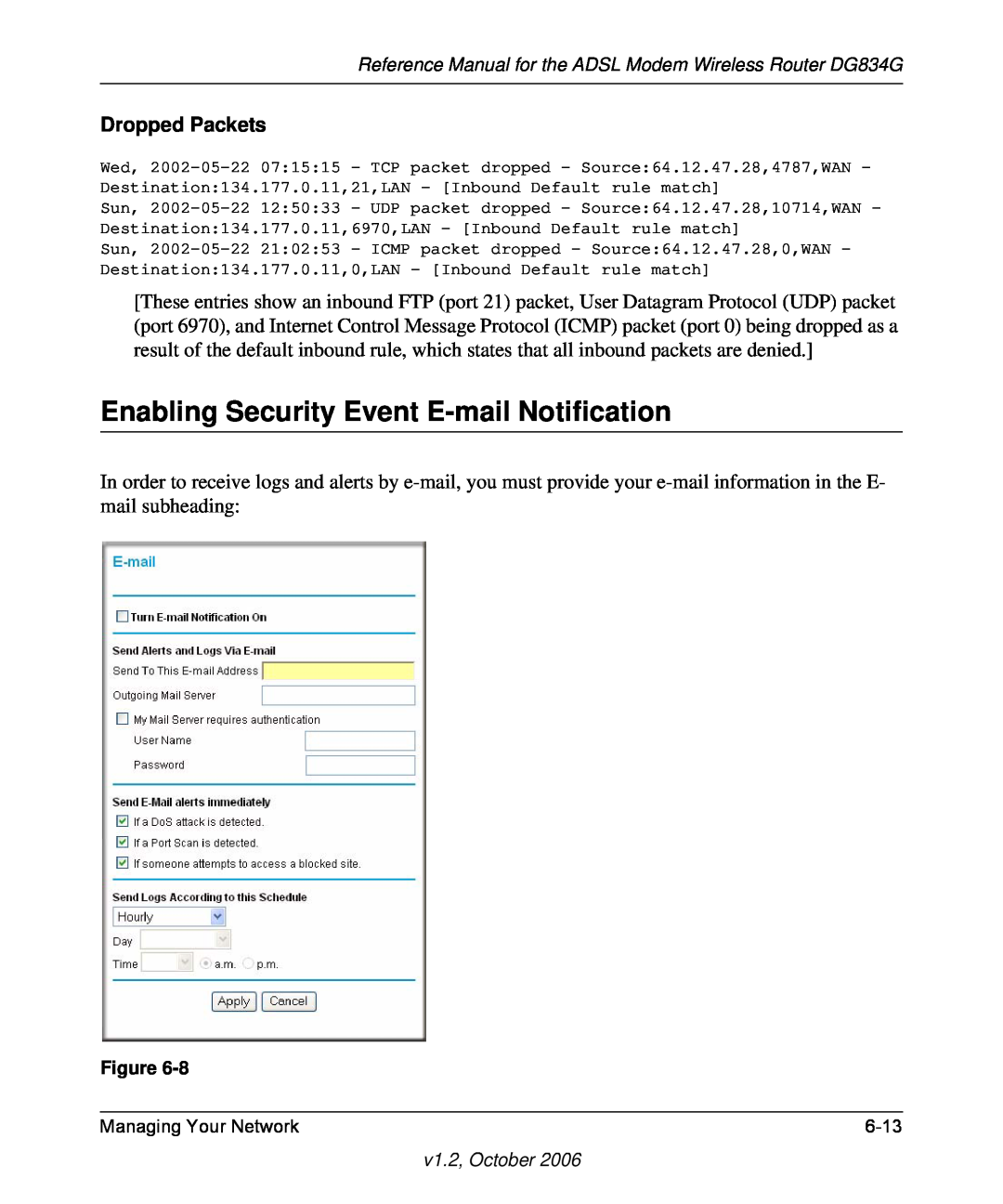 NETGEAR DG834G manual Enabling Security Event E-mail Notification, Dropped Packets 