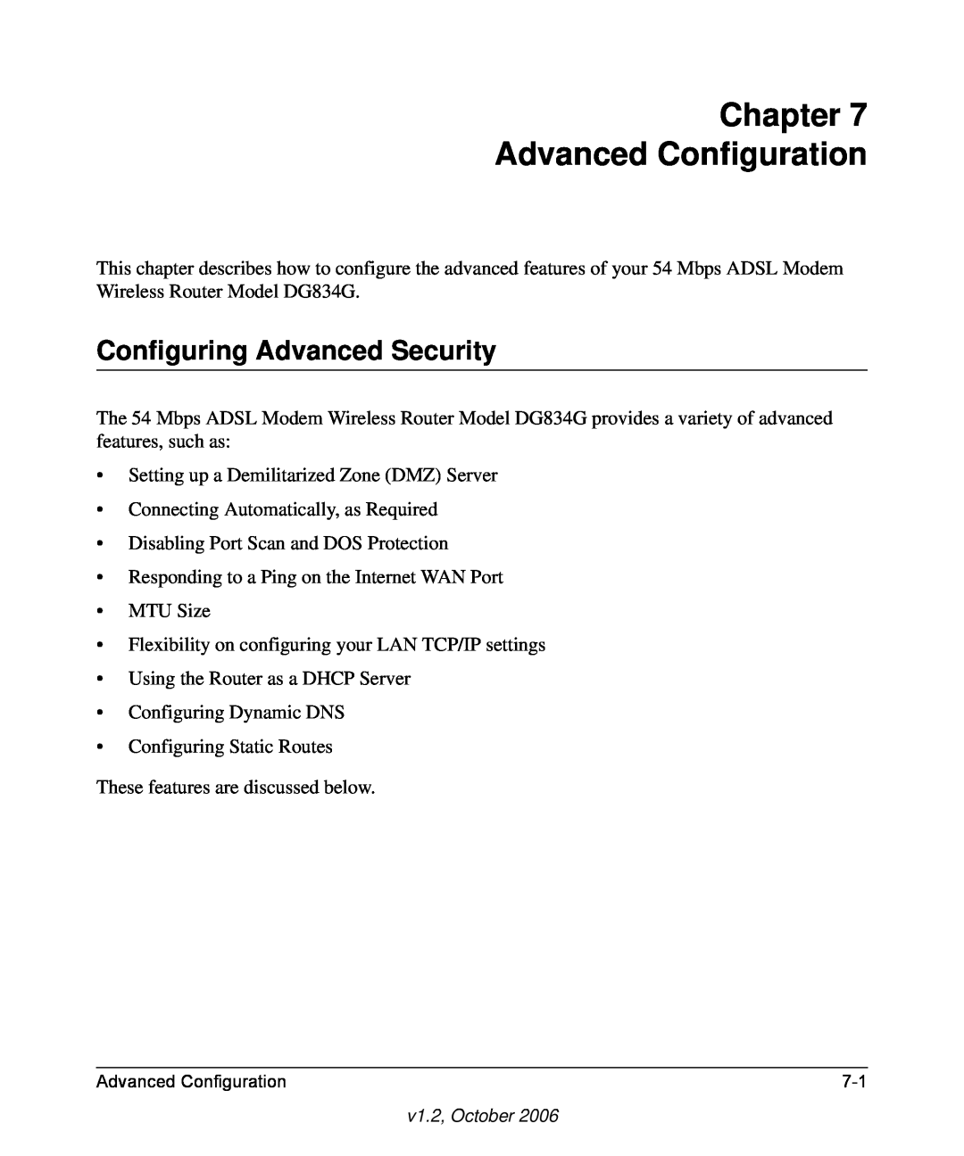 NETGEAR DG834G manual Chapter Advanced Configuration, Configuring Advanced Security 