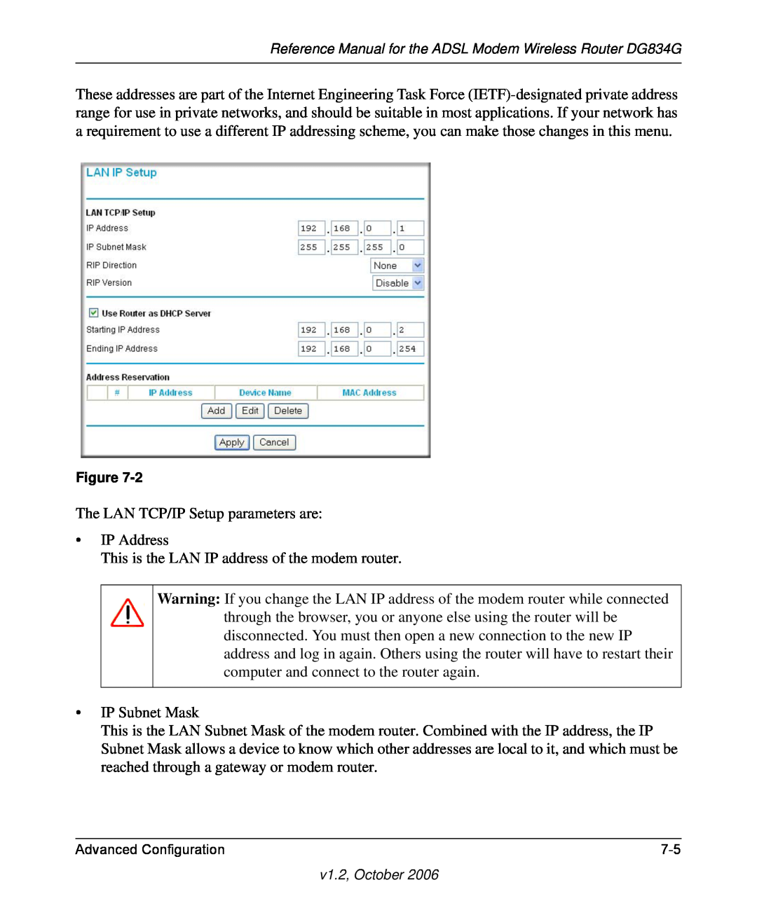 NETGEAR DG834G manual The LAN TCP/IP Setup parameters are IP Address 