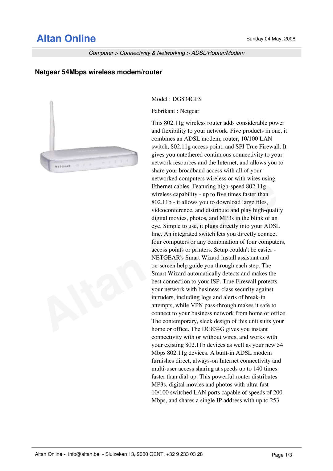 NETGEAR DG834GFS manual Altan Online, Netgear 54Mbps wireless modem/router 