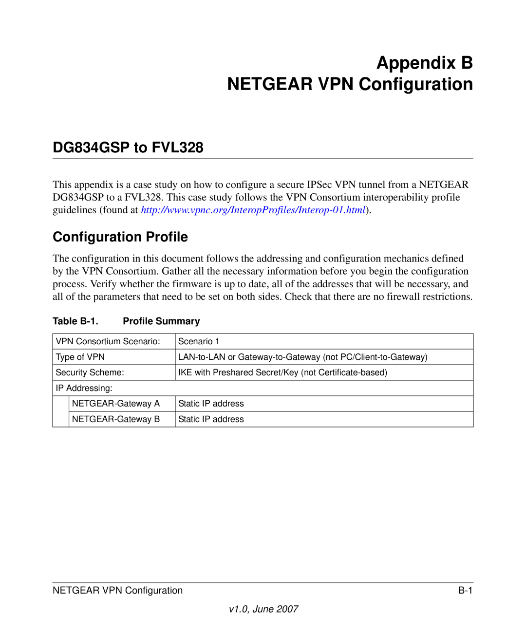 NETGEAR DG834GSP appendix Appendix B Netgear VPN Configuration, Configuration Profile 