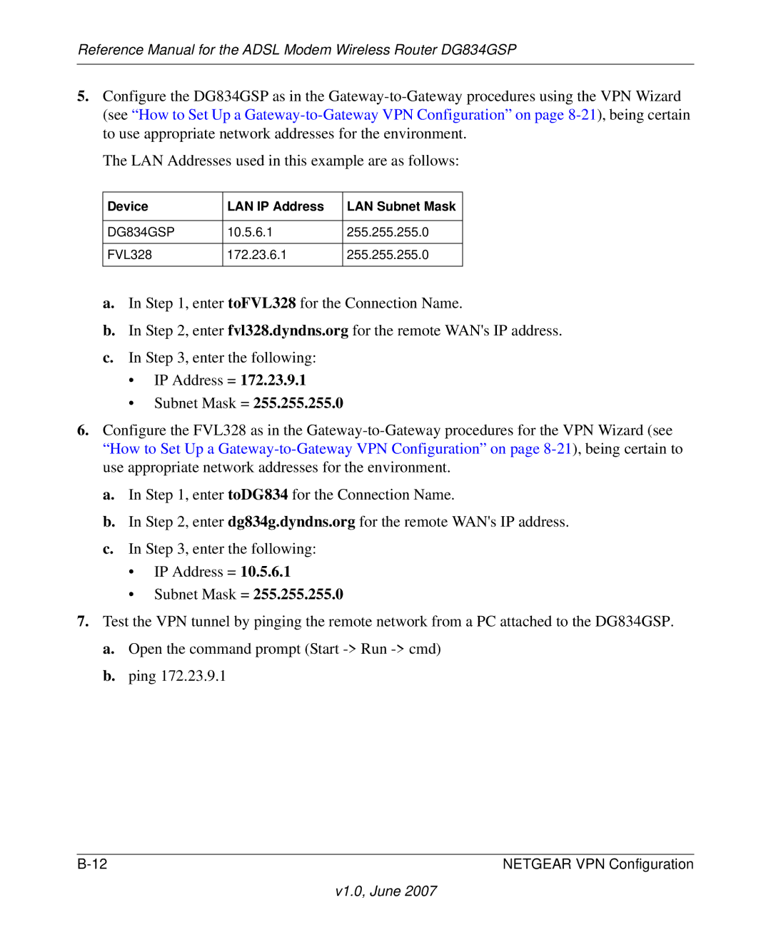 NETGEAR DG834GSP appendix Device LAN IP Address LAN Subnet Mask 