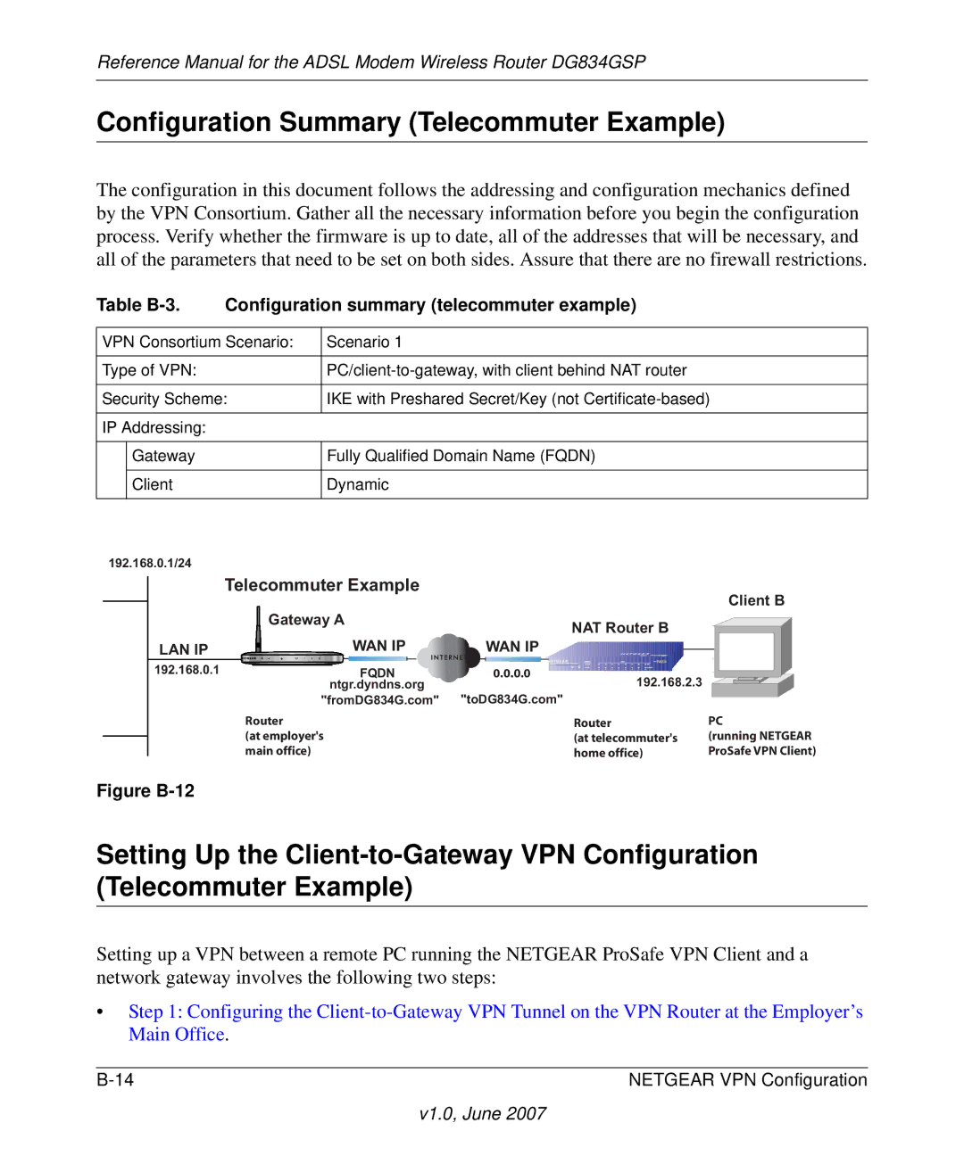 NETGEAR DG834GSP appendix Configuration Summary Telecommuter Example 