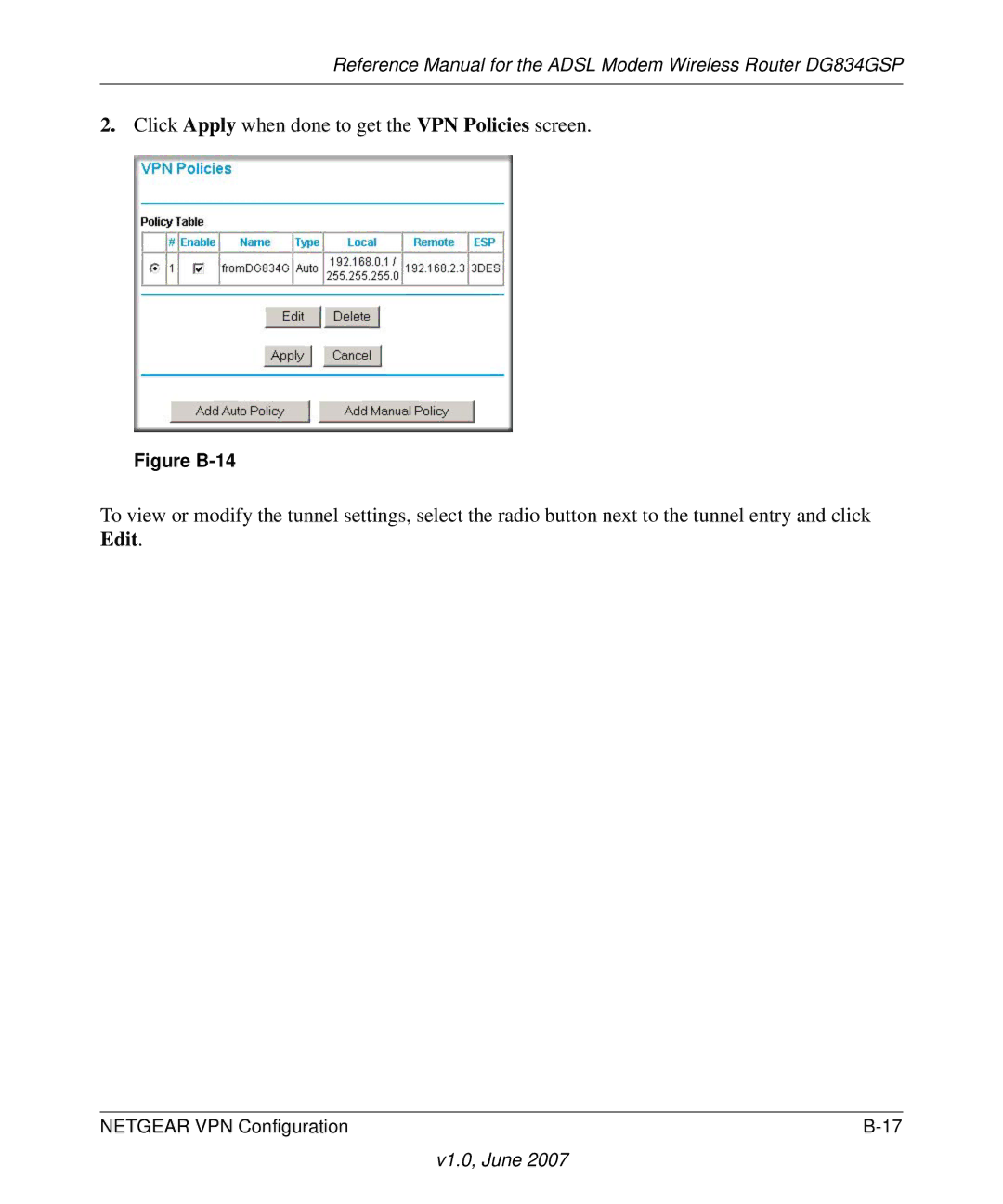 NETGEAR DG834GSP appendix Click Apply when done to get the VPN Policies screen 