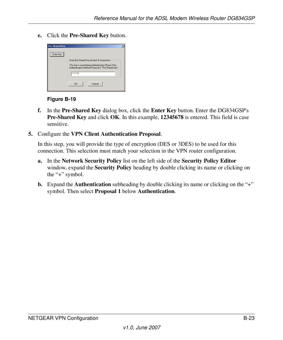 NETGEAR DG834GSP appendix Configure the VPN Client Authentication Proposal, Figure B-19 