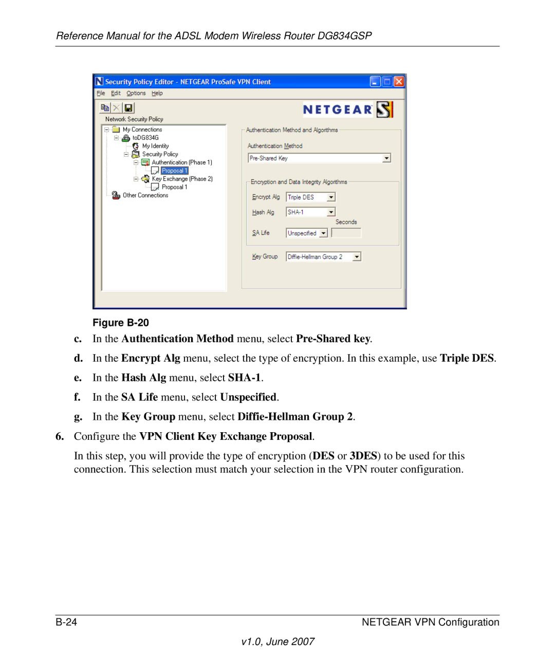 NETGEAR DG834GSP appendix Authentication Method menu, select Pre-Shared key, Figure B-20 