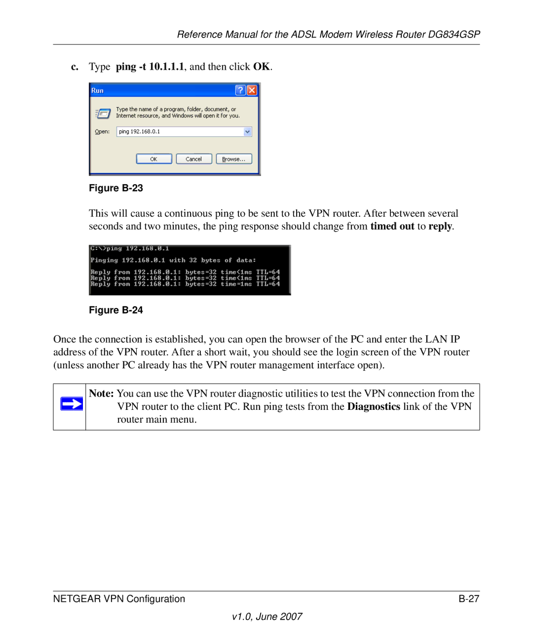 NETGEAR DG834GSP appendix Type ping -t 10.1.1.1, and then click OK 