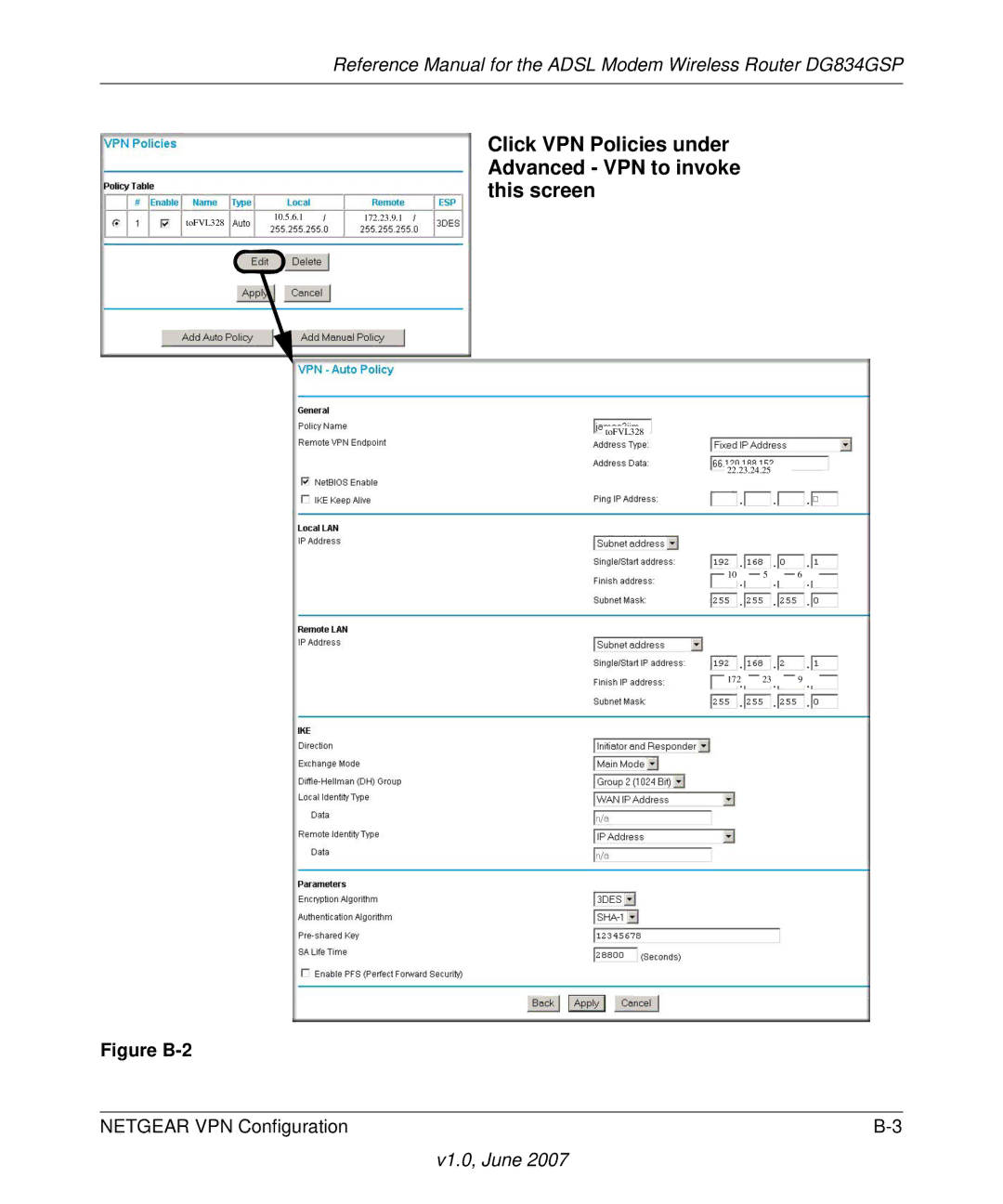 NETGEAR DG834GSP appendix Click VPN Policies under Advanced VPN to invoke this screen 