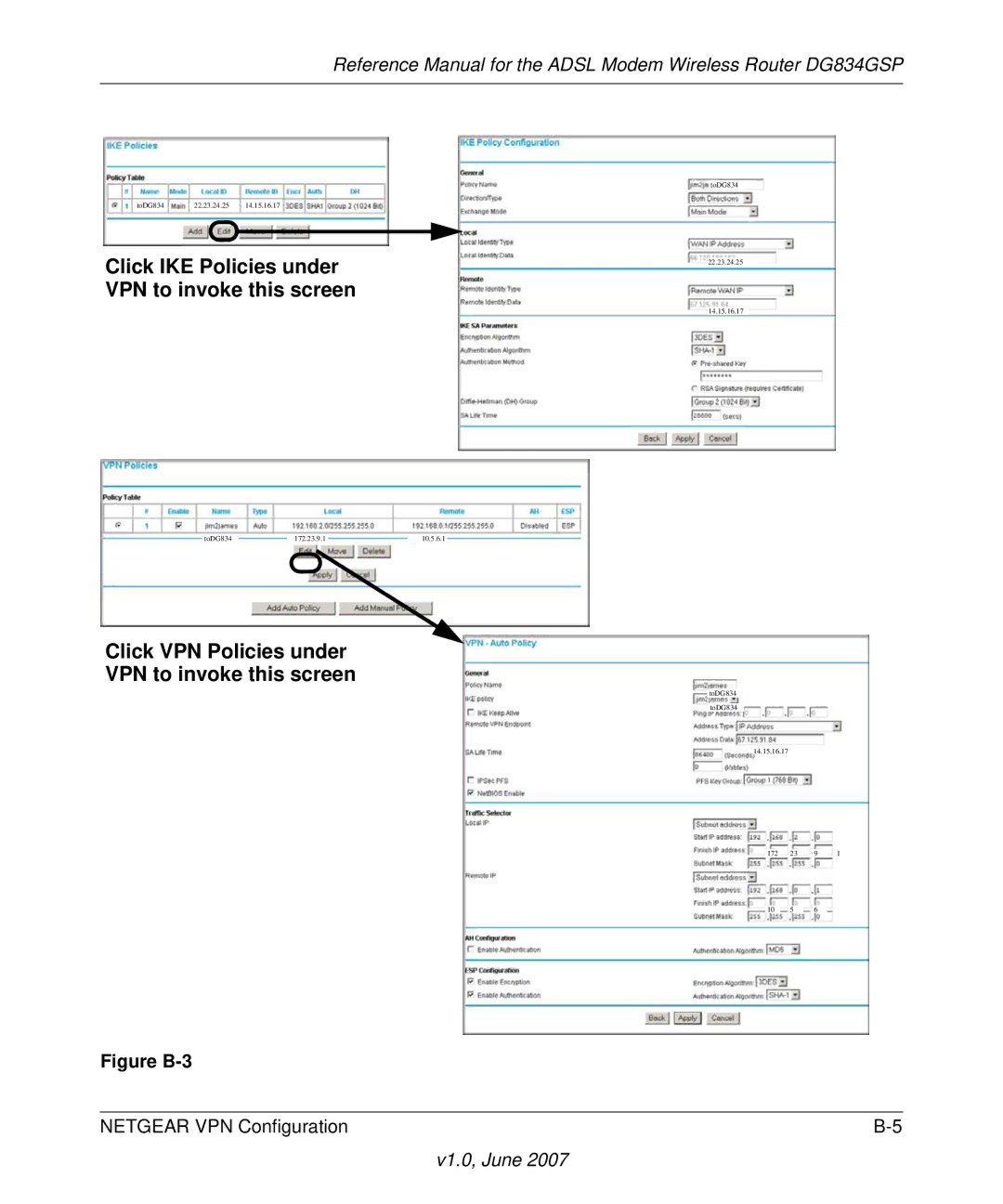 NETGEAR DG834GSP appendix Click IKE Policies under VPN to invoke this screen 