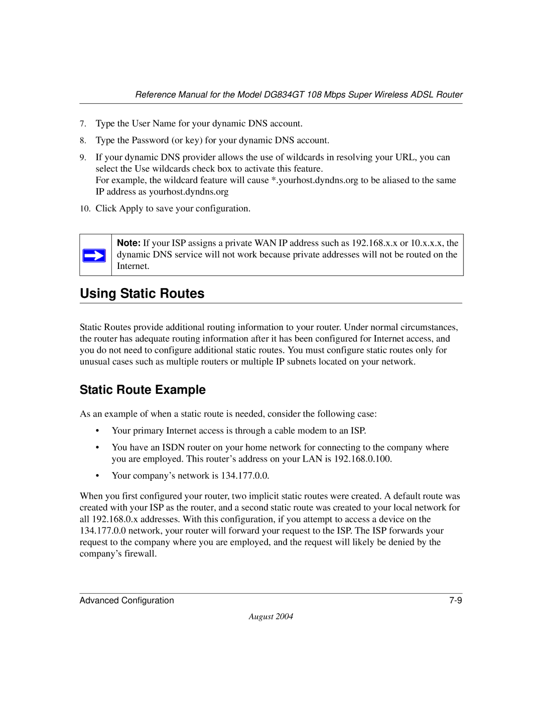 NETGEAR DG834GT manual Using Static Routes, Static Route Example 