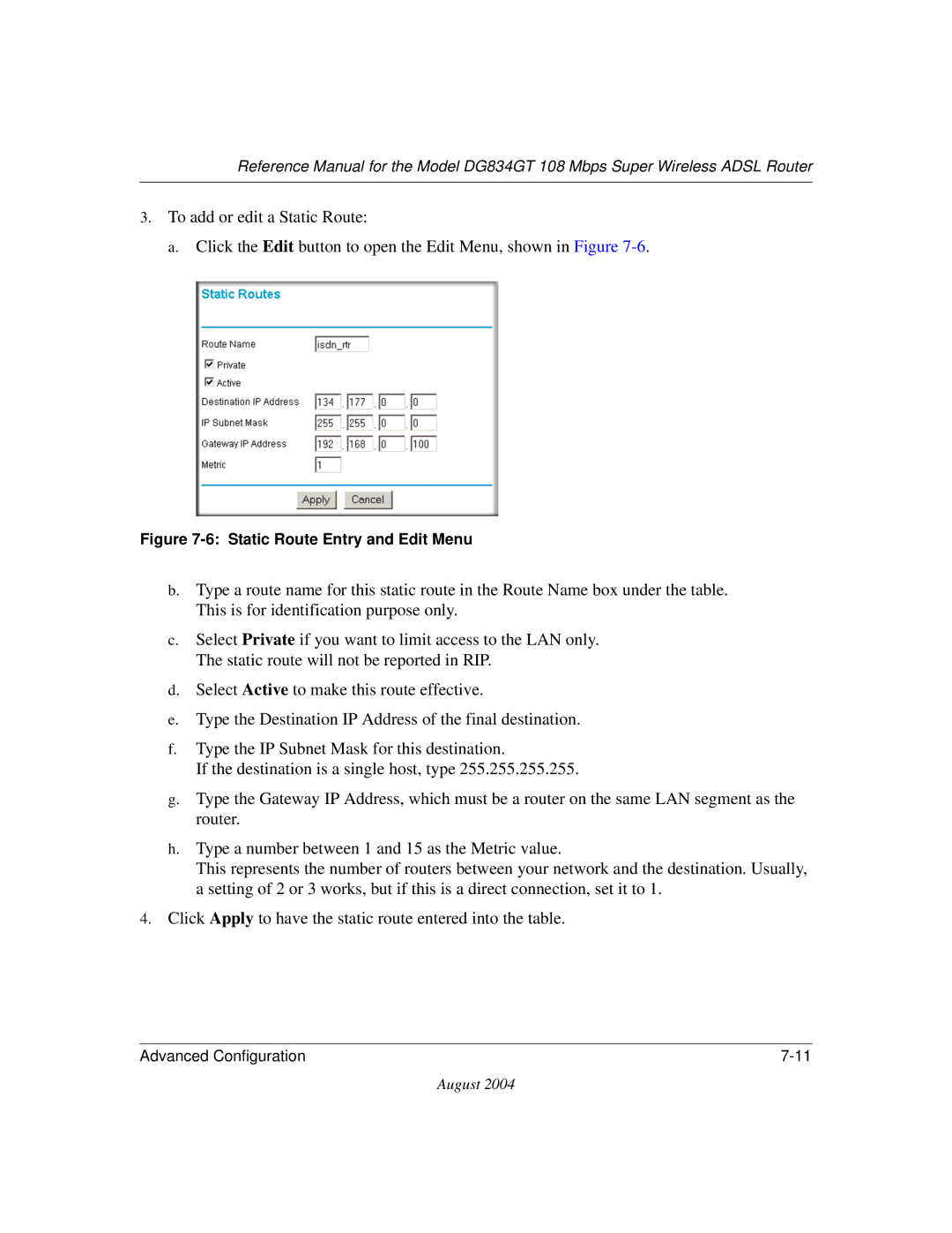 NETGEAR DG834GT manual Static Route Entry and Edit Menu 