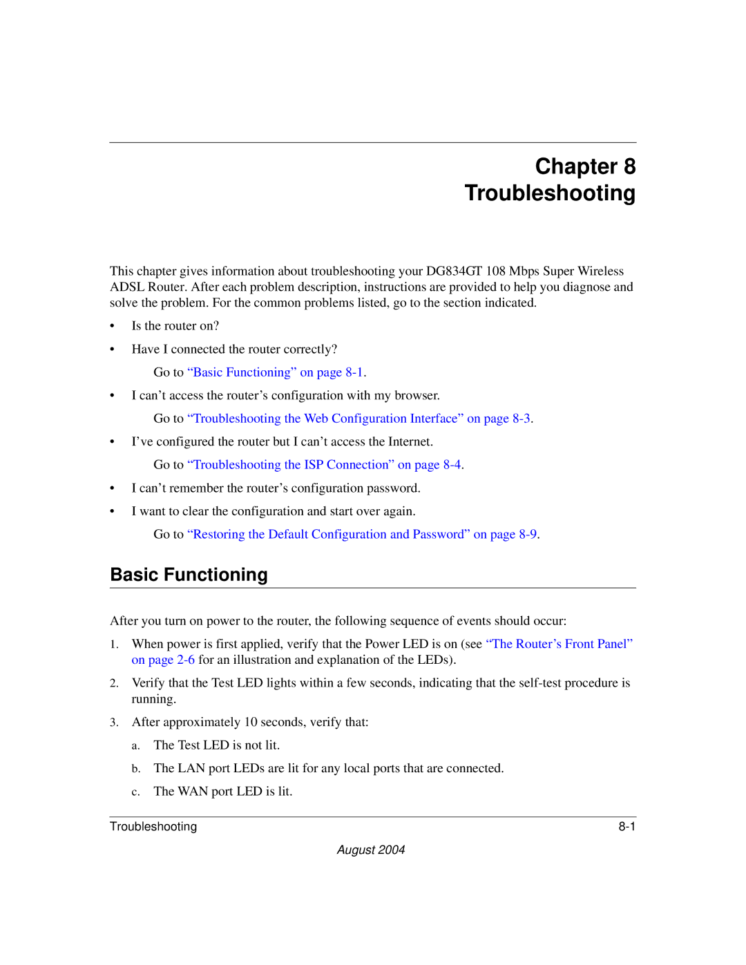 NETGEAR DG834GT manual Chapter Troubleshooting, Basic Functioning 