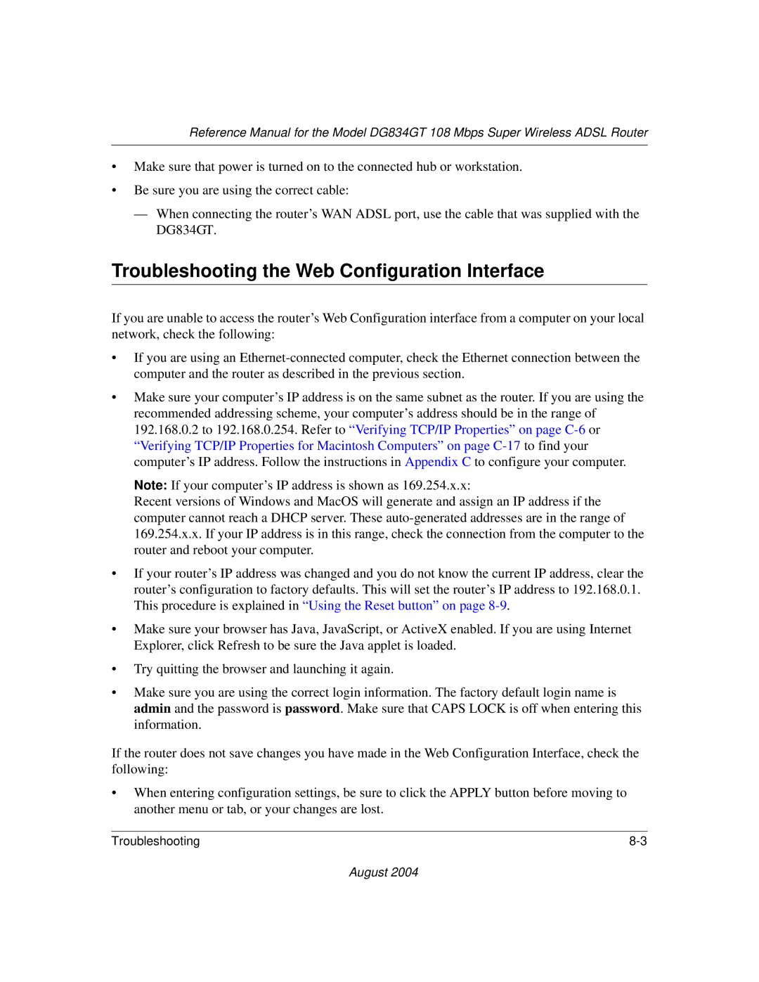 NETGEAR DG834GT manual Troubleshooting the Web Configuration Interface 