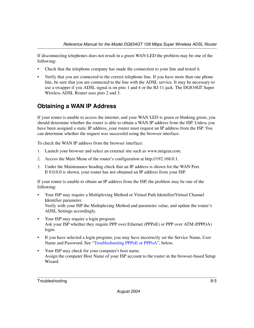 NETGEAR DG834GT manual Obtaining a WAN IP Address 
