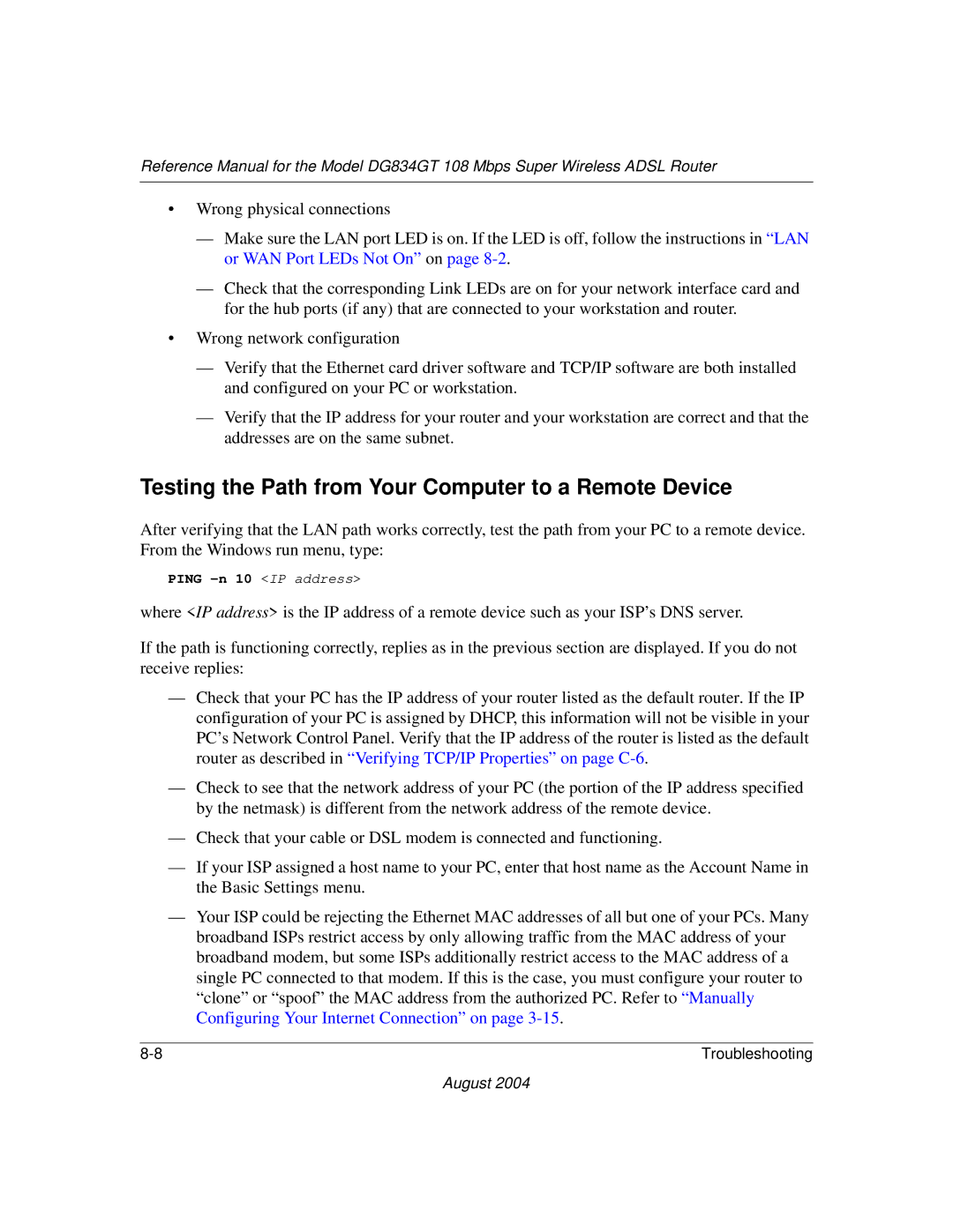 NETGEAR DG834GT manual Testing the Path from Your Computer to a Remote Device 