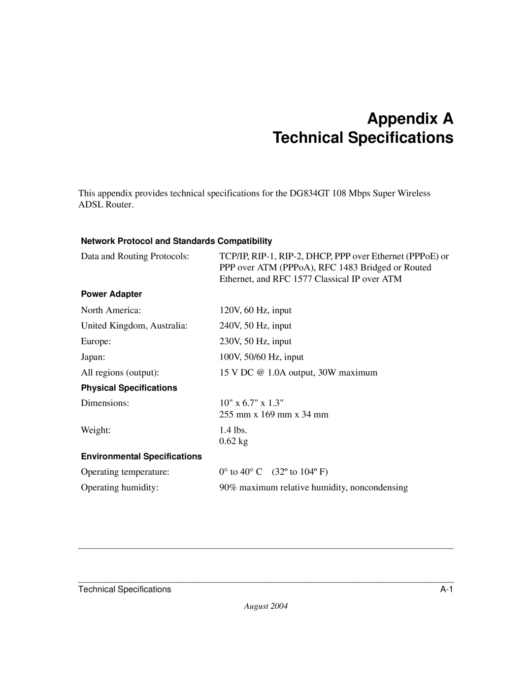 NETGEAR DG834GT manual Appendix a Technical Specifications 