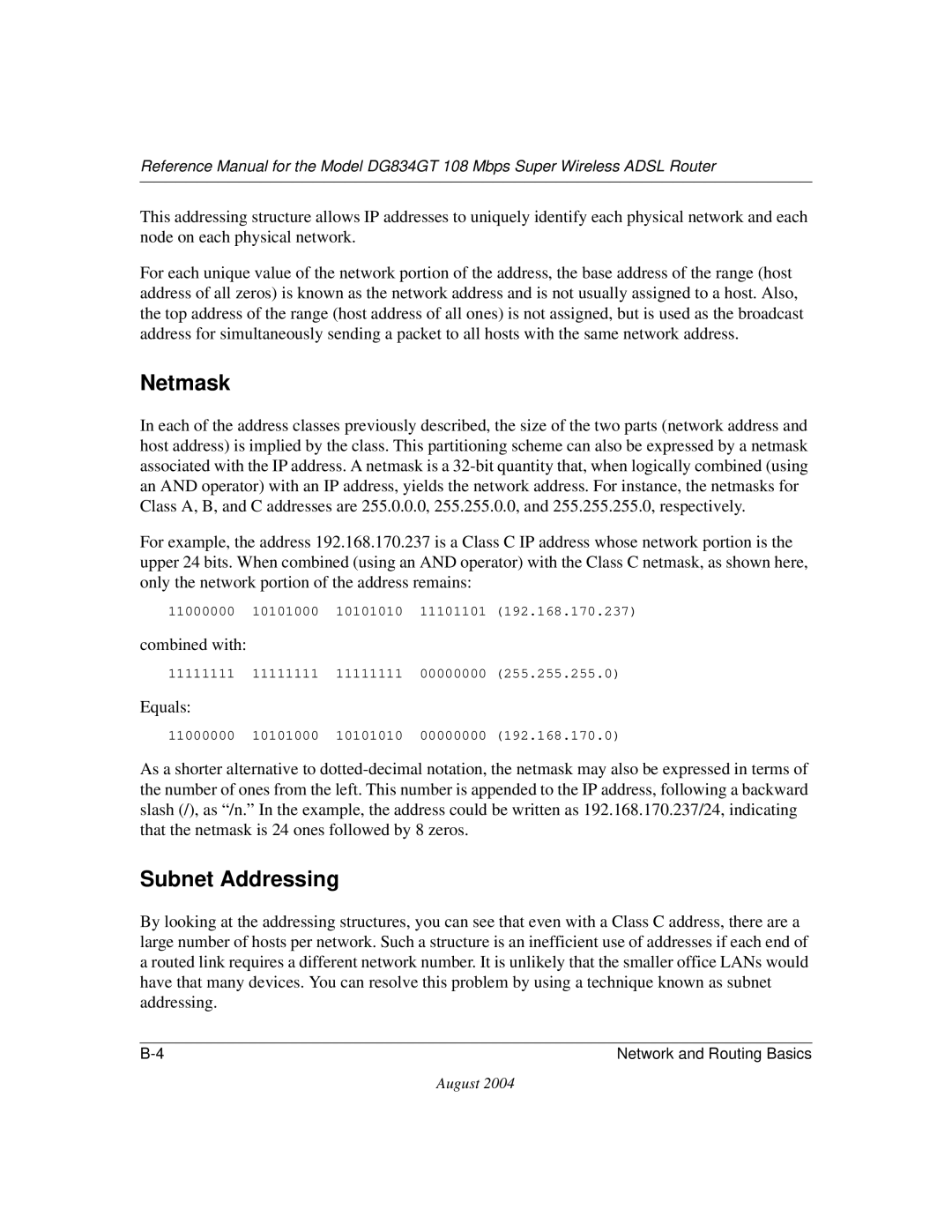 NETGEAR DG834GT manual Netmask, Subnet Addressing 