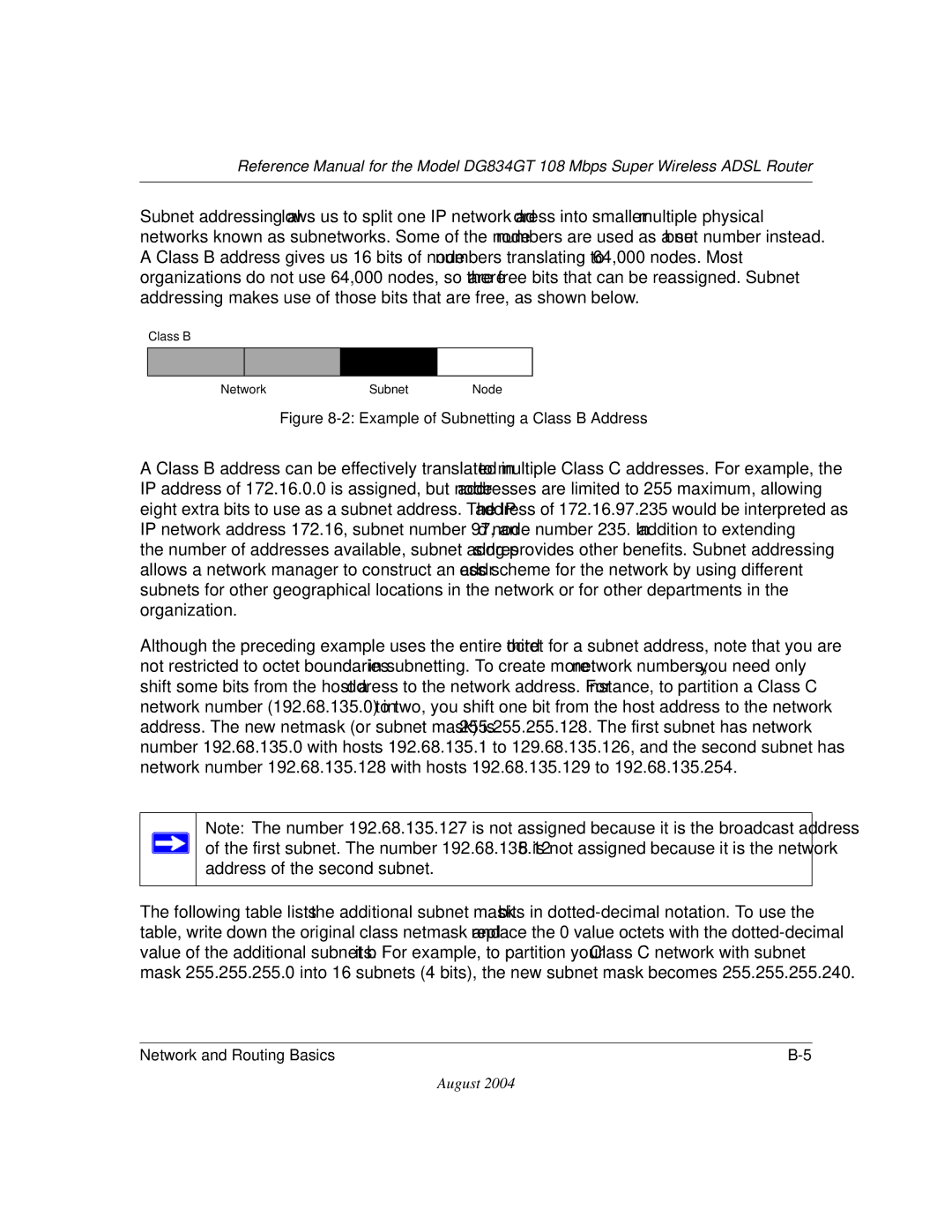 NETGEAR DG834GT manual Example of Subnetting a Class B Address 