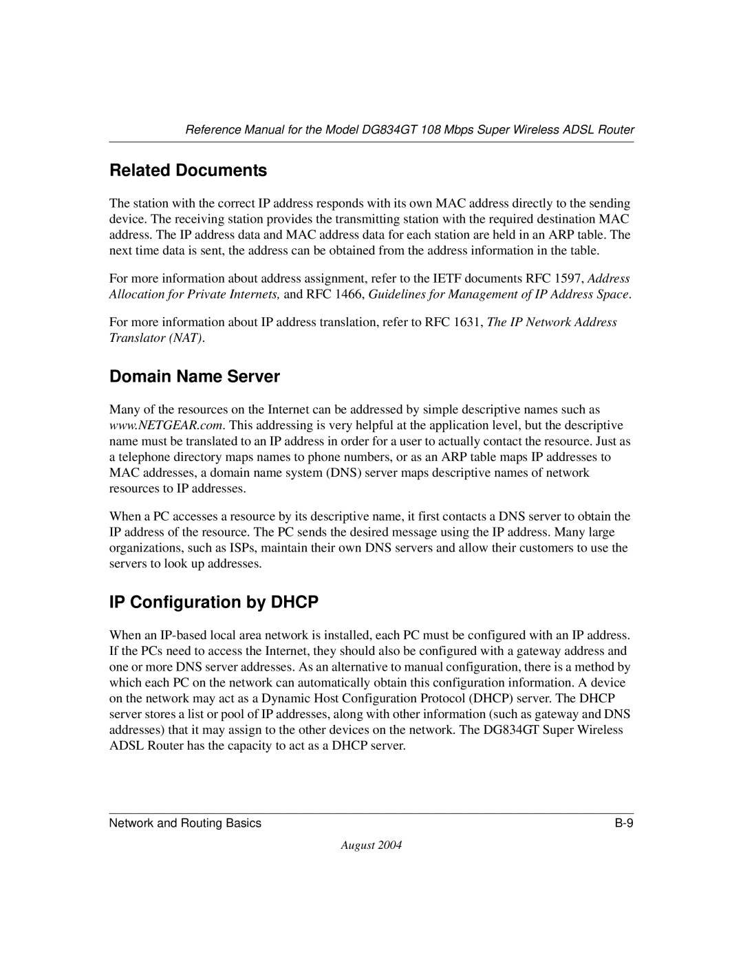 NETGEAR DG834GT manual Related Documents, Domain Name Server, IP Configuration by Dhcp 