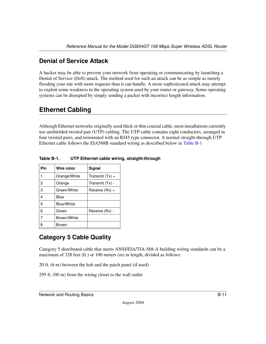 NETGEAR DG834GT manual Ethernet Cabling, Denial of Service Attack, Category 5 Cable Quality 