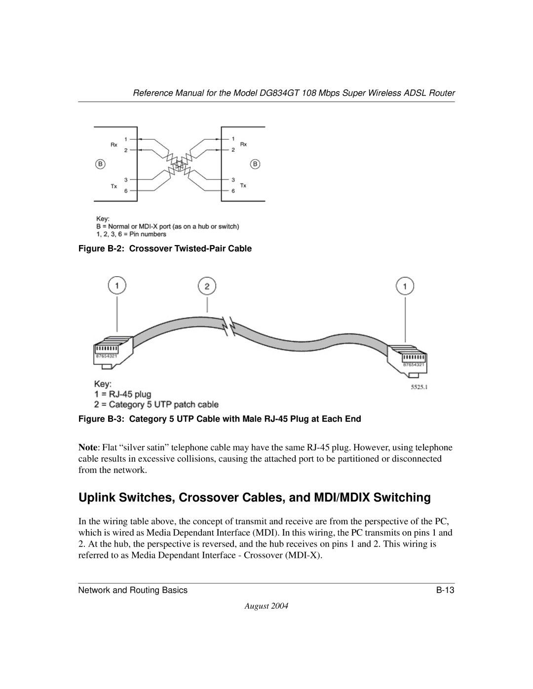 NETGEAR DG834GT manual Uplink Switches, Crossover Cables, and MDI/MDIX Switching, Figure B-2 Crossover Twisted-Pair Cable 