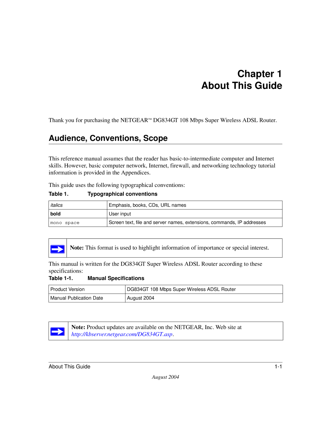 NETGEAR DG834GT manual Chapter About This Guide, Audience, Conventions, Scope 
