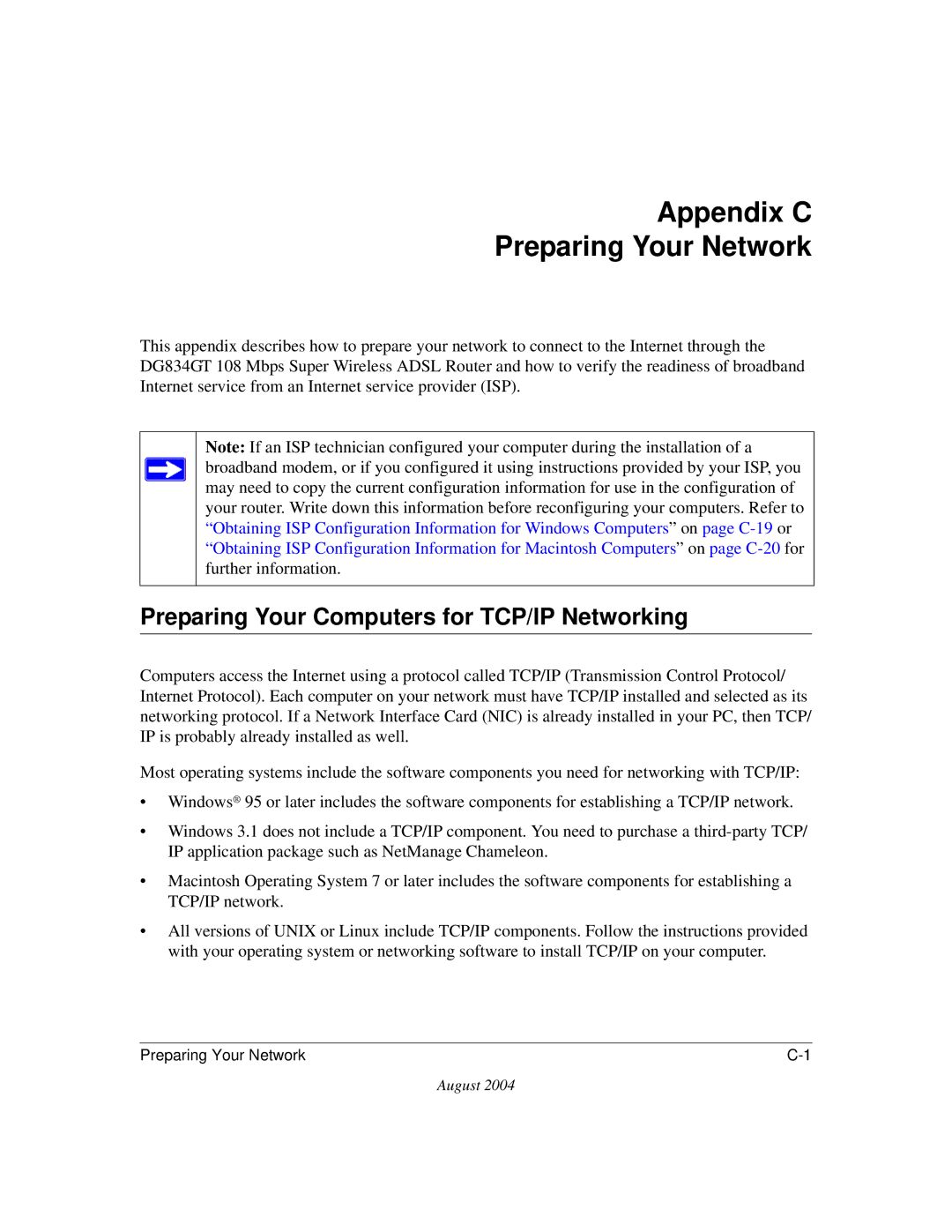 NETGEAR DG834GT manual Appendix C Preparing Your Network, Preparing Your Computers for TCP/IP Networking 