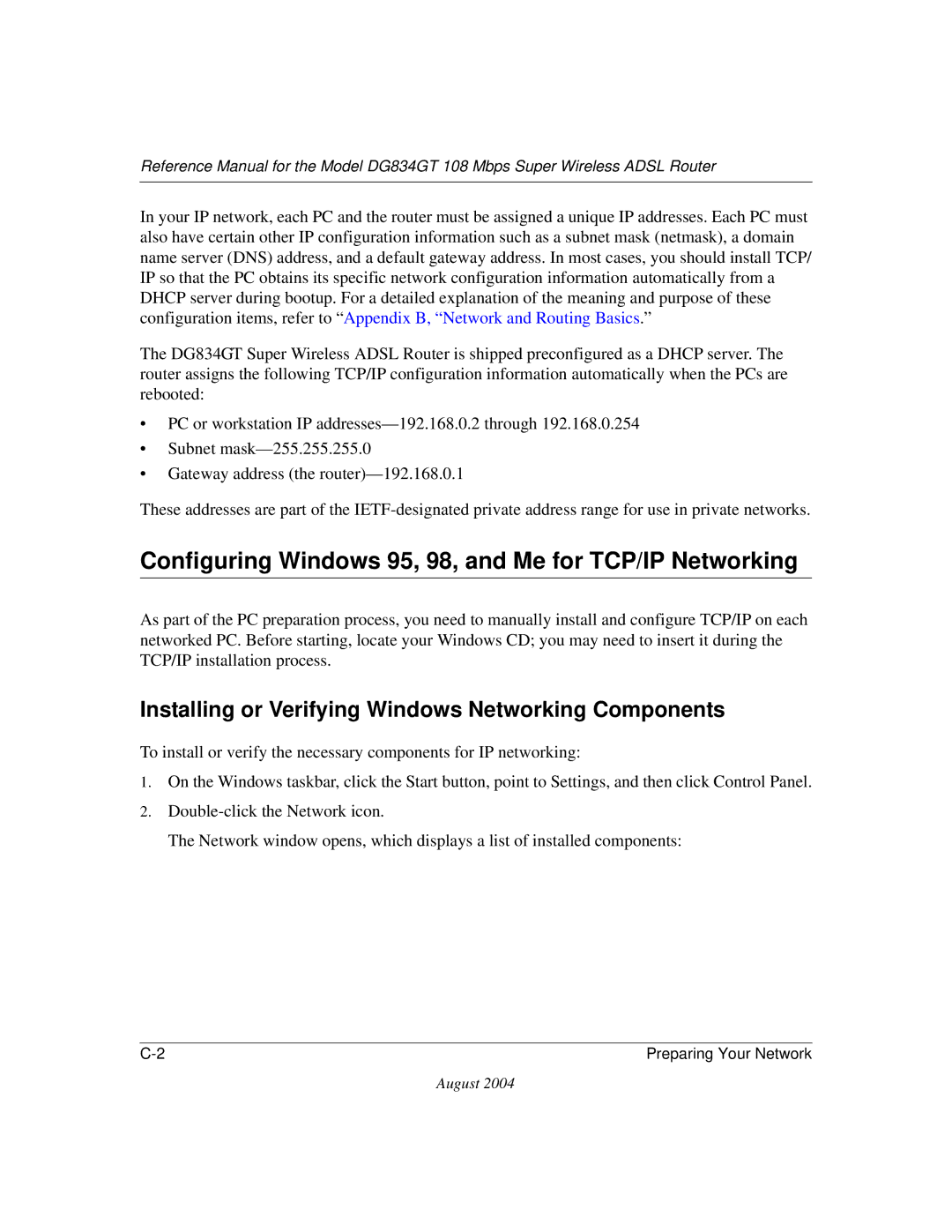 NETGEAR DG834GT manual Configuring Windows 95, 98, and Me for TCP/IP Networking 