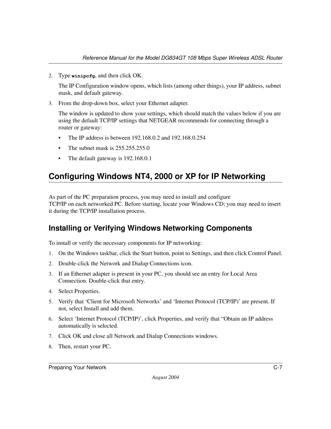 NETGEAR DG834GT manual Configuring Windows NT4, 2000 or XP for IP Networking 