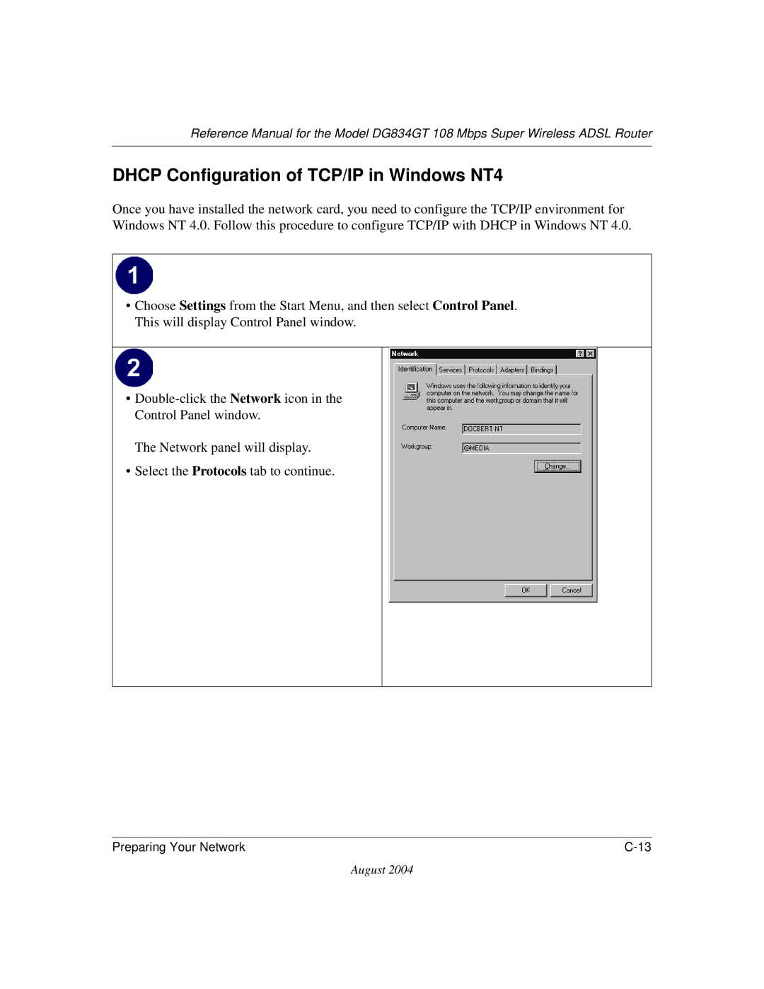 NETGEAR DG834GT manual Dhcp Configuration of TCP/IP in Windows NT4 