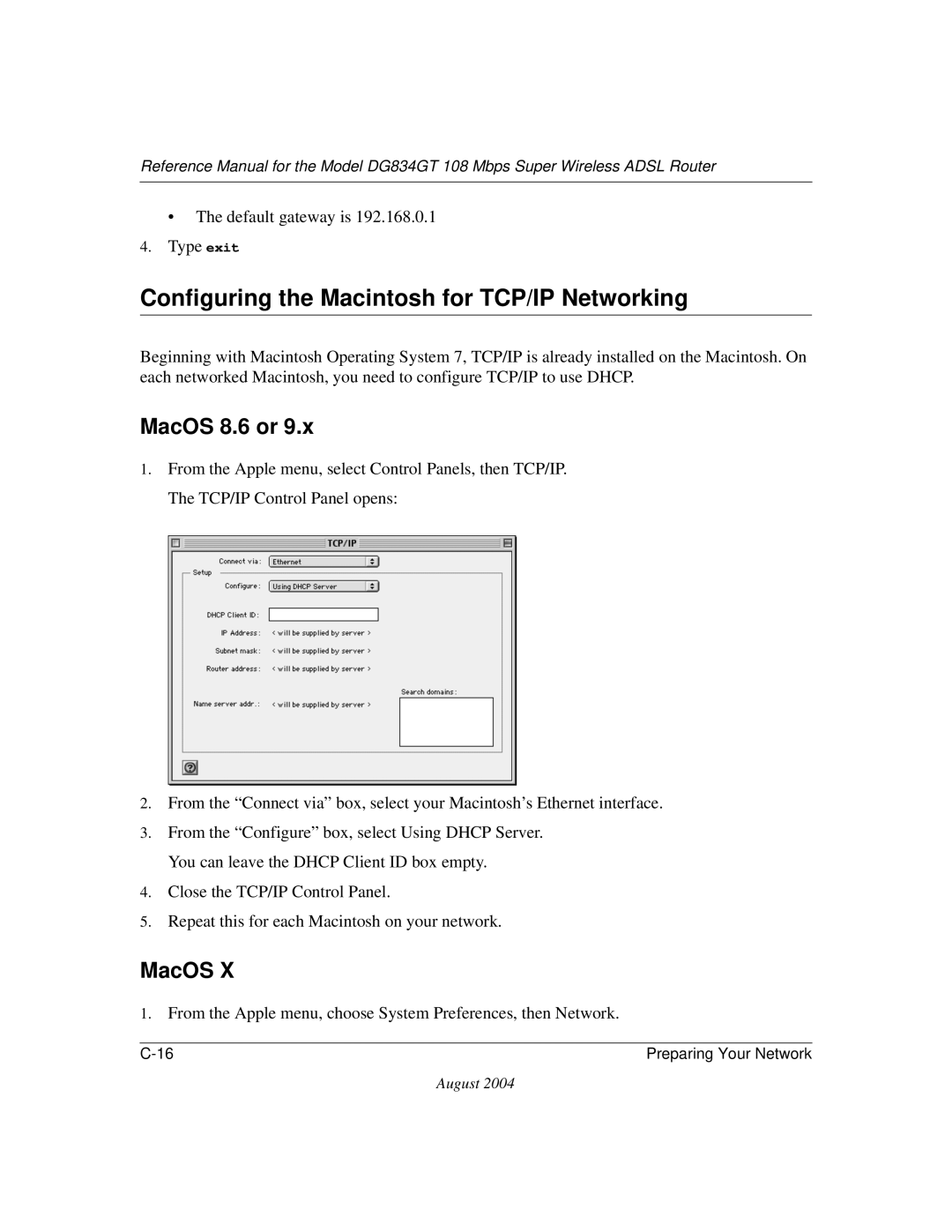 NETGEAR DG834GT manual Configuring the Macintosh for TCP/IP Networking, MacOS 8.6 or 