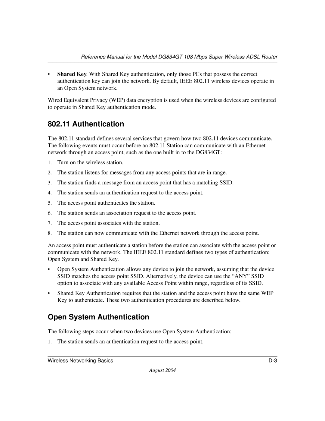 NETGEAR DG834GT manual Open System Authentication 