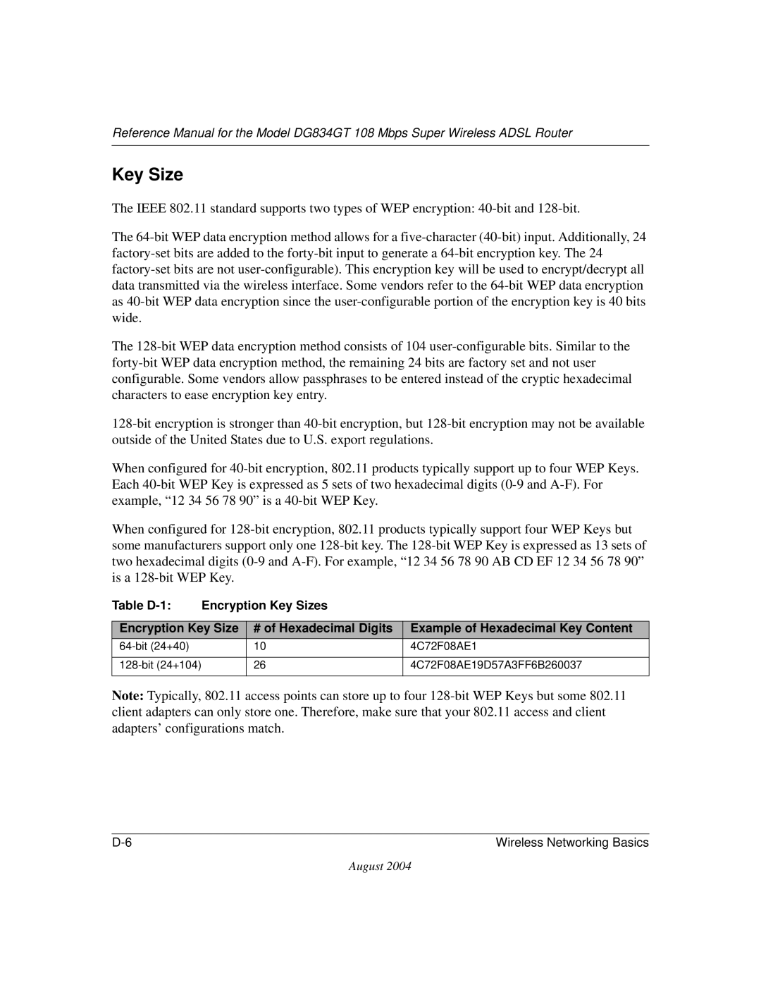 NETGEAR DG834GT manual Key Size 