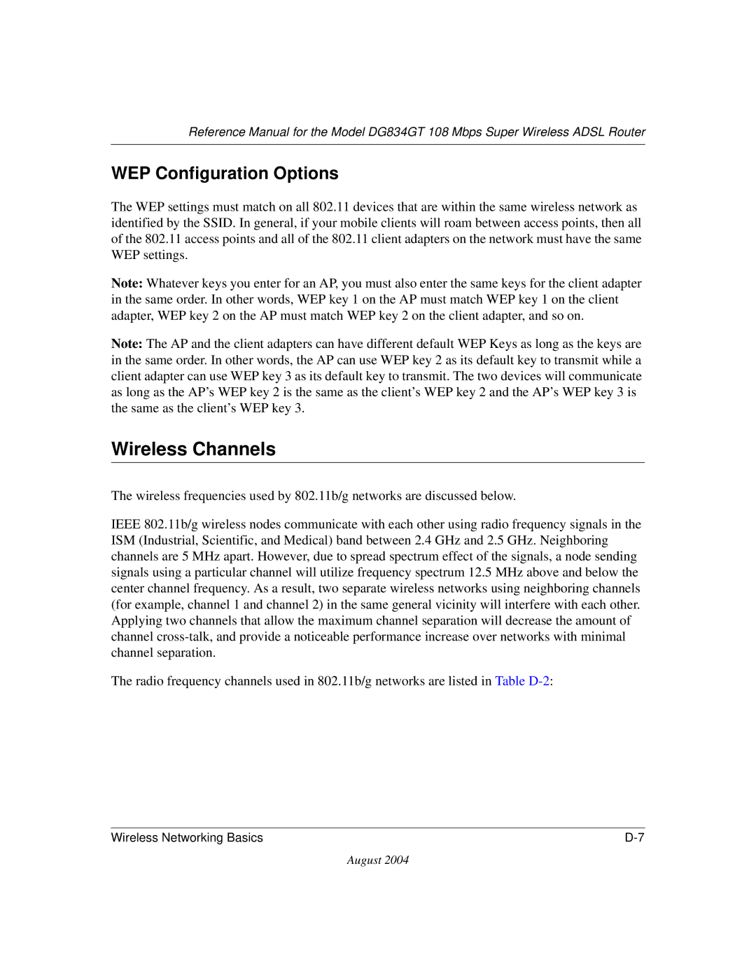 NETGEAR DG834GT manual Wireless Channels, WEP Configuration Options 