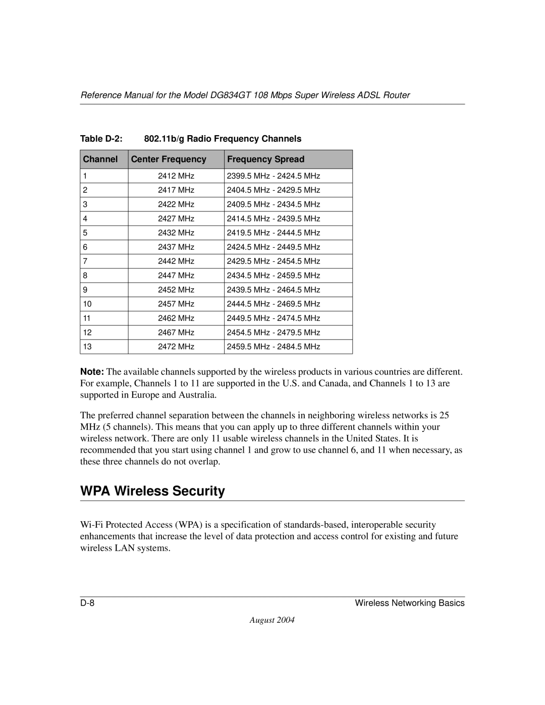 NETGEAR DG834GT manual WPA Wireless Security 