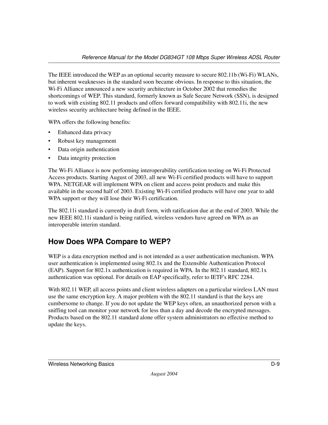 NETGEAR DG834GT manual How Does WPA Compare to WEP? 